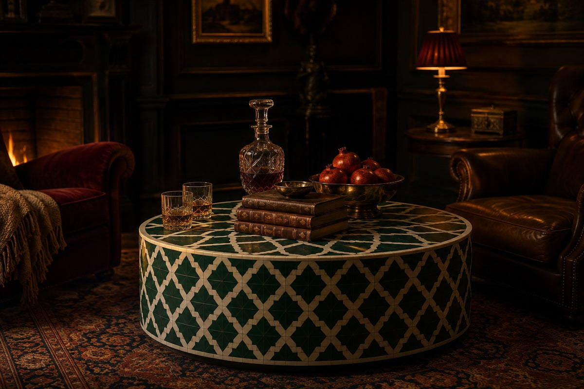Emerald Green Bone Inlay Coffee Table | Round Moroccan Star Drum
