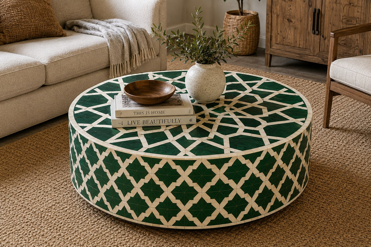 Emerald Green Bone Inlay Coffee Table | Round Moroccan Star Drum