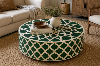 Emerald Green Bone Inlay Coffee Table | Round Moroccan Star Drum