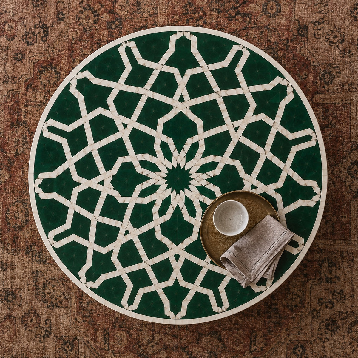 Emerald Green Bone Inlay Coffee Table | Round Moroccan Star Drum
