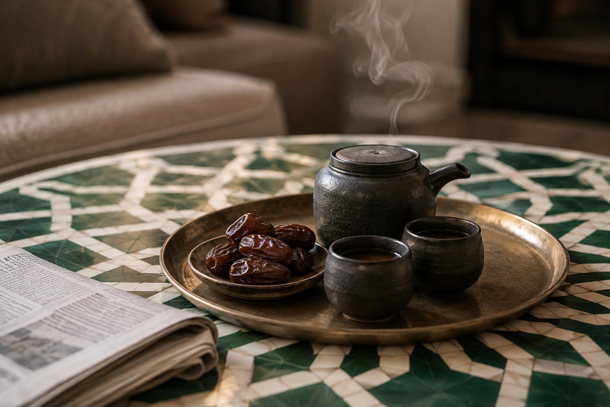 Emerald Green Bone Inlay Coffee Table | Round Moroccan Star Drum