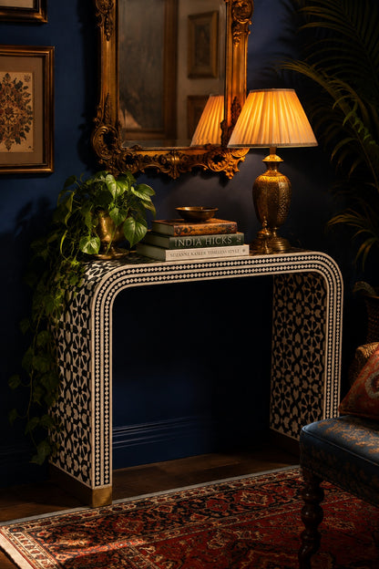 Bone Inlay Waterfall Console Table | Black & White Moroccan Star