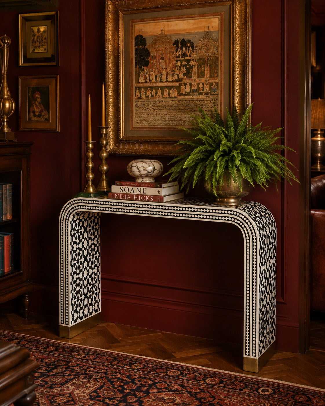 Bone Inlay Waterfall Console Table | Black & White Moroccan Star