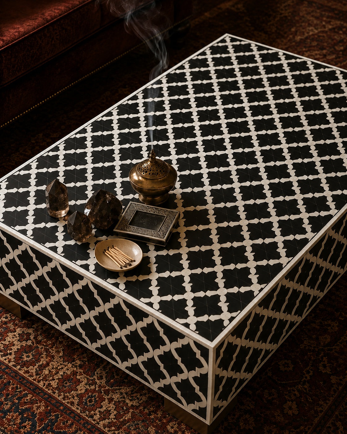 Black & White Bone Inlay Coffee Table | Moroccan Trellis Rectangular