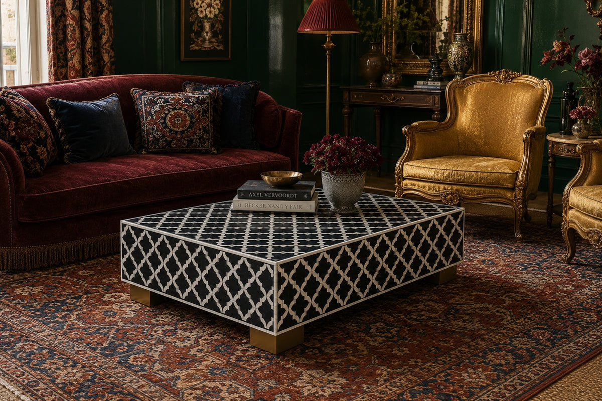 Black & White Bone Inlay Coffee Table | Moroccan Trellis Rectangular