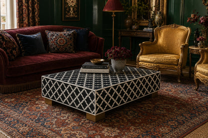 Black & White Bone Inlay Coffee Table | Moroccan Trellis Rectangular