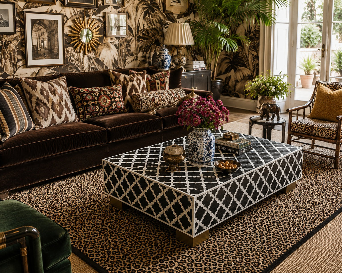 Black & White Bone Inlay Coffee Table | Moroccan Trellis Rectangular