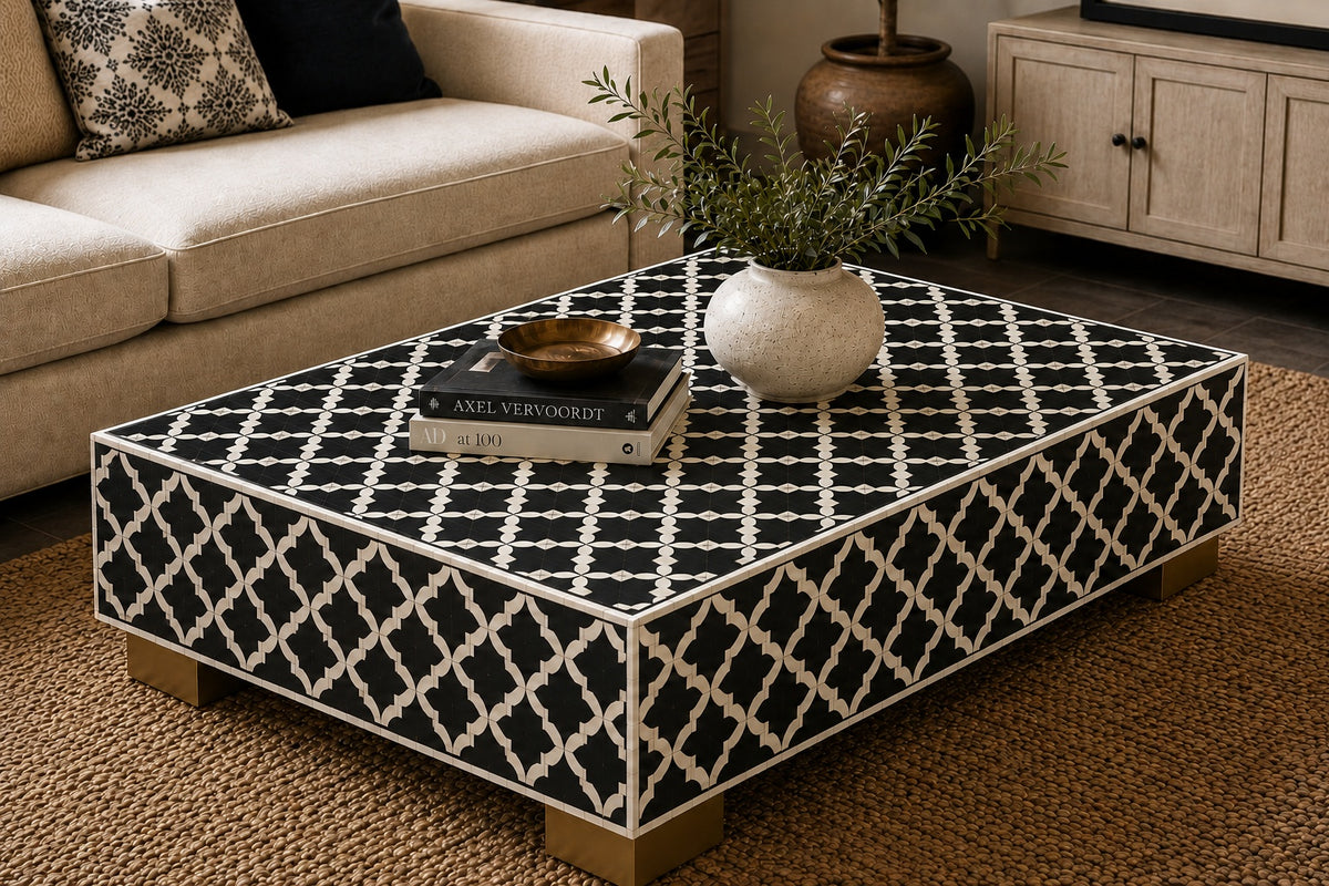 Black & White Bone Inlay Coffee Table | Moroccan Trellis Rectangular