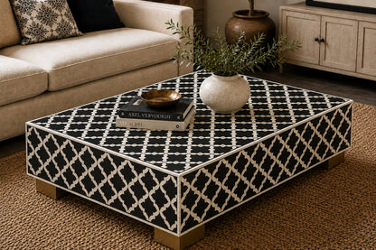 Black & White Bone Inlay Coffee Table | Moroccan Trellis Rectangular