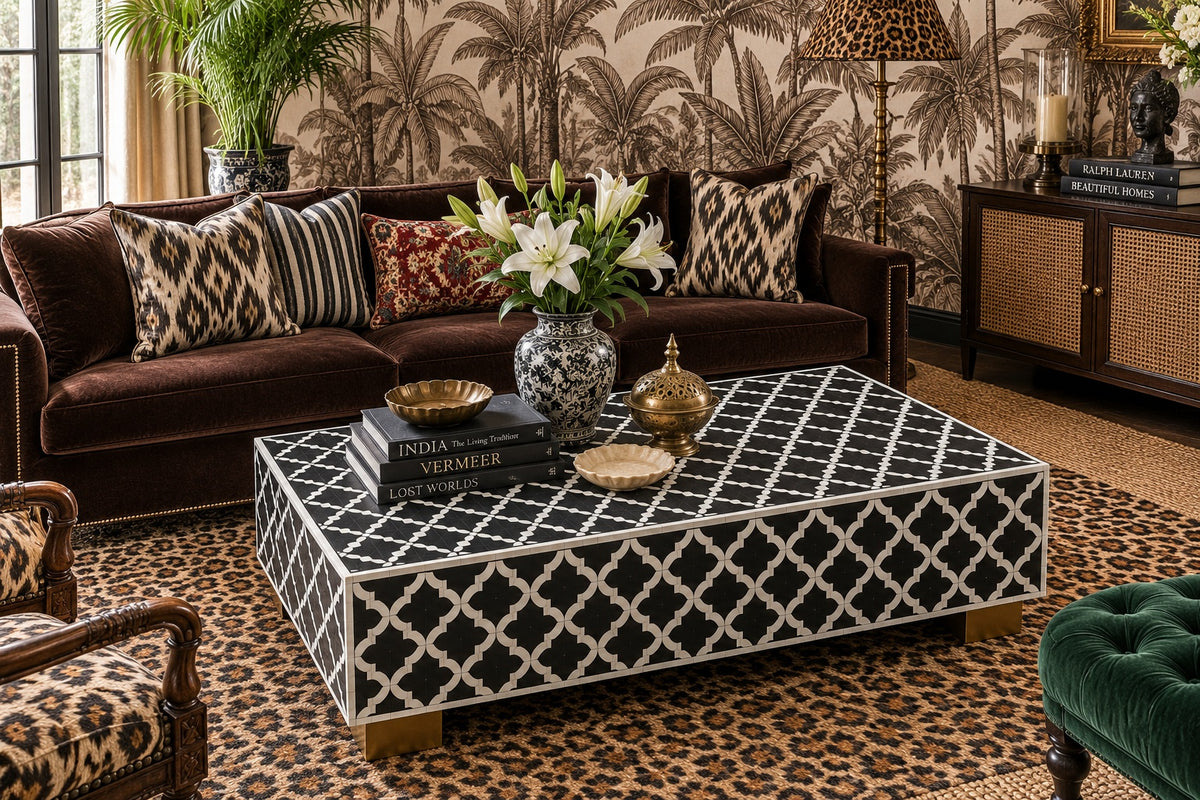 Black & White Bone Inlay Coffee Table | Moroccan Trellis Rectangular