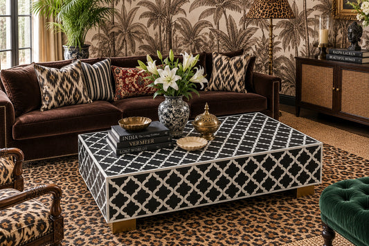 Black & White Bone Inlay Coffee Table | Moroccan Trellis Rectangular