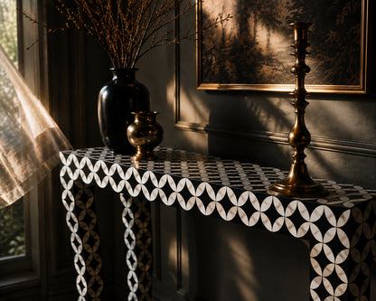 Mother of Pearl Console Table | Black Interlocking Circle Inlay