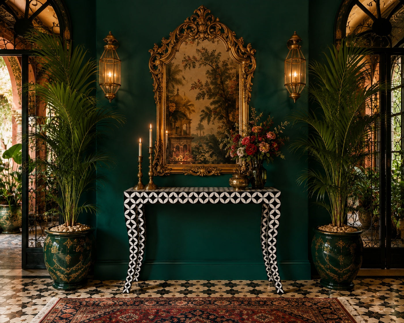 Mother of Pearl Console Table | Black Interlocking Circle Inlay