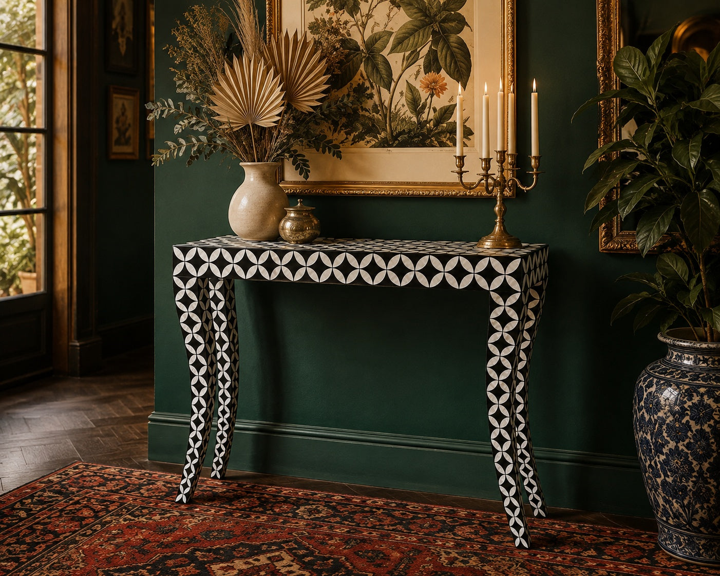 Mother of Pearl Console Table | Black Interlocking Circle Inlay