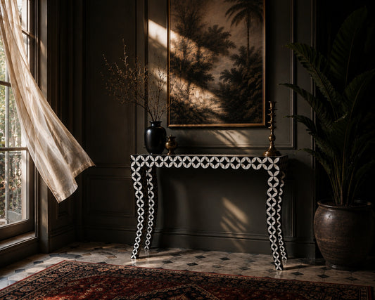Mother of Pearl Console Table | Black Interlocking Circle Inlay