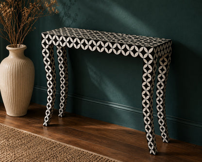 Mother of Pearl Console Table | Black Interlocking Circle Inlay