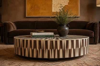 Wood & Bone Inlay Coffee Table | Round Radial Sunburst Drum