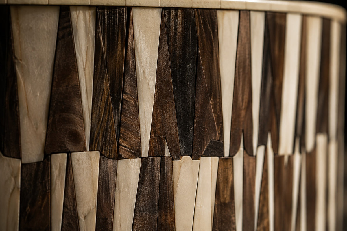 Wood & Bone Inlay Coffee Table | Round Radial Sunburst Drum