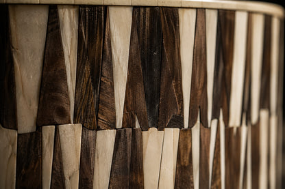 Wood & Bone Inlay Coffee Table | Round Radial Sunburst Drum