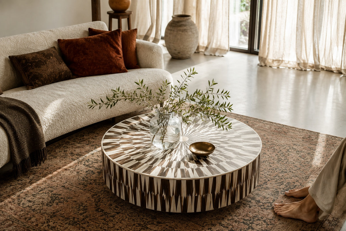 Wood & Bone Inlay Coffee Table | Round Radial Sunburst Drum