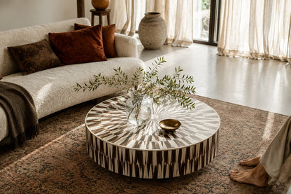 Wood & Bone Inlay Coffee Table | Round Radial Sunburst Drum