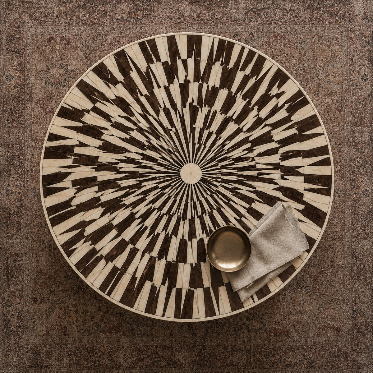 Wood & Bone Inlay Coffee Table | Round Radial Sunburst Drum