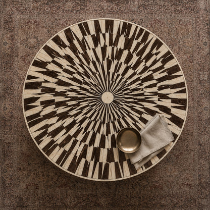 Wood & Bone Inlay Coffee Table | Round Radial Sunburst Drum