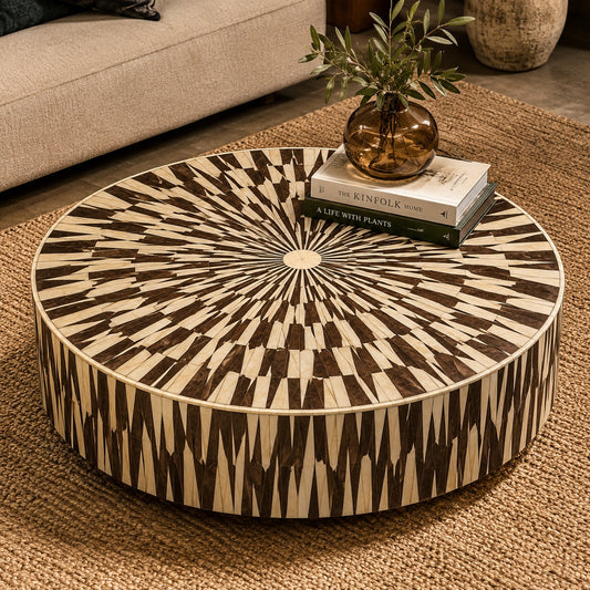Wood & Bone Inlay Coffee Table | Round Radial Sunburst Drum