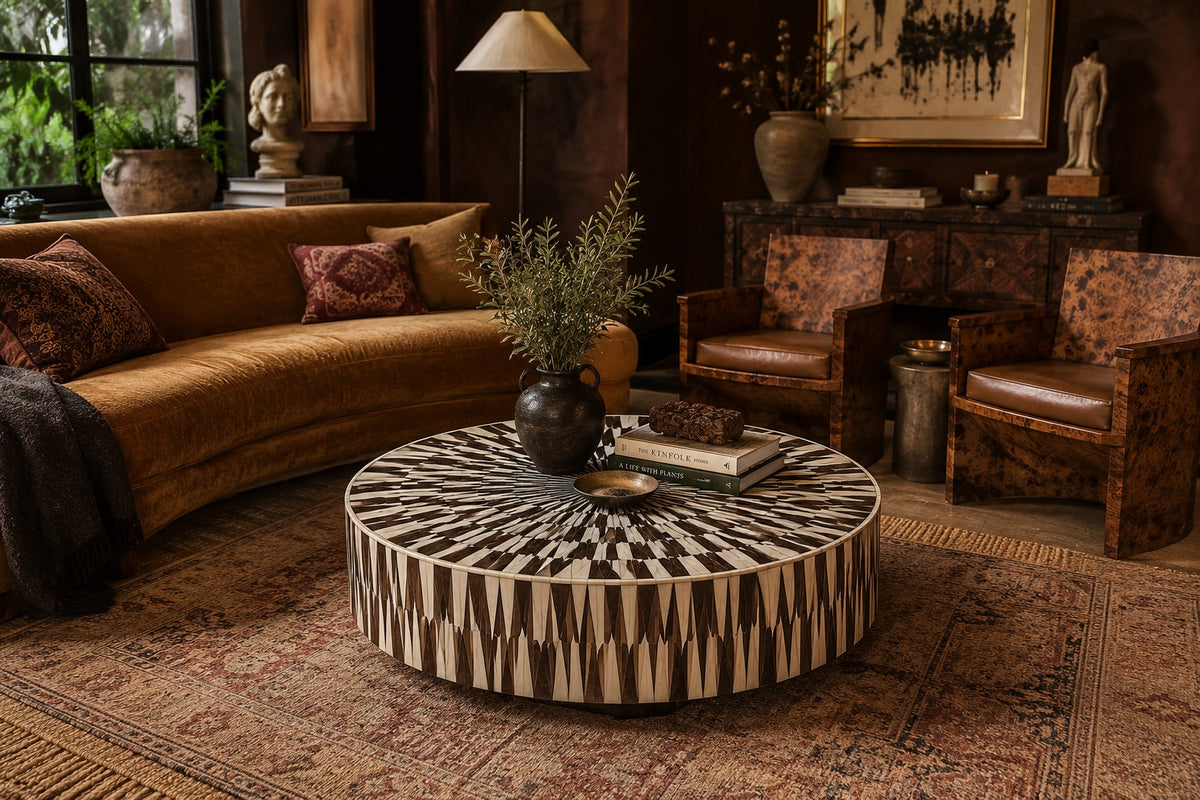 Wood & Bone Inlay Coffee Table | Round Radial Sunburst Drum