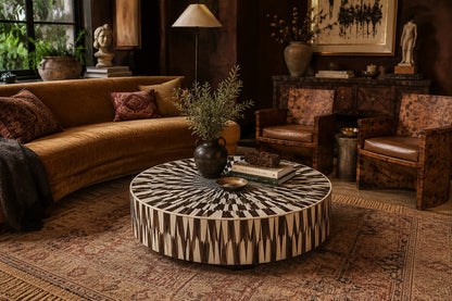 Wood & Bone Inlay Coffee Table | Round Radial Sunburst Drum