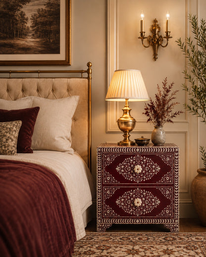 Burgundy Bone Inlay Nightstand | Floral 2-Drawer Bedside Table