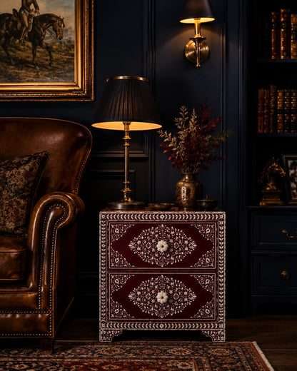 Burgundy Bone Inlay Nightstand | Floral 2-Drawer Bedside Table