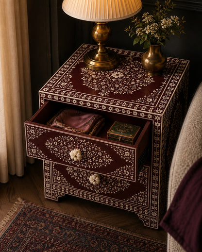 Burgundy Bone Inlay Nightstand | Floral 2-Drawer Bedside Table
