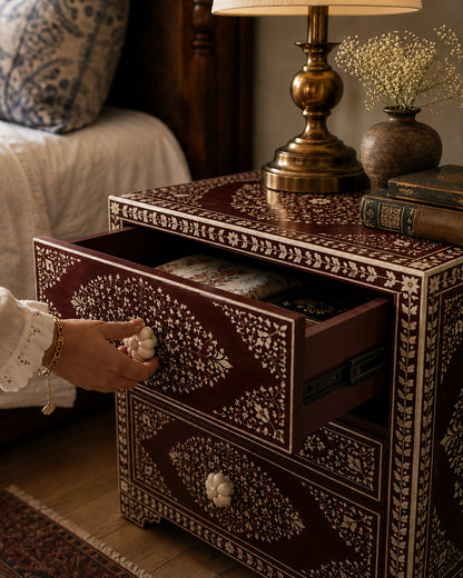 Burgundy Bone Inlay Nightstand | Floral 2-Drawer Bedside Table