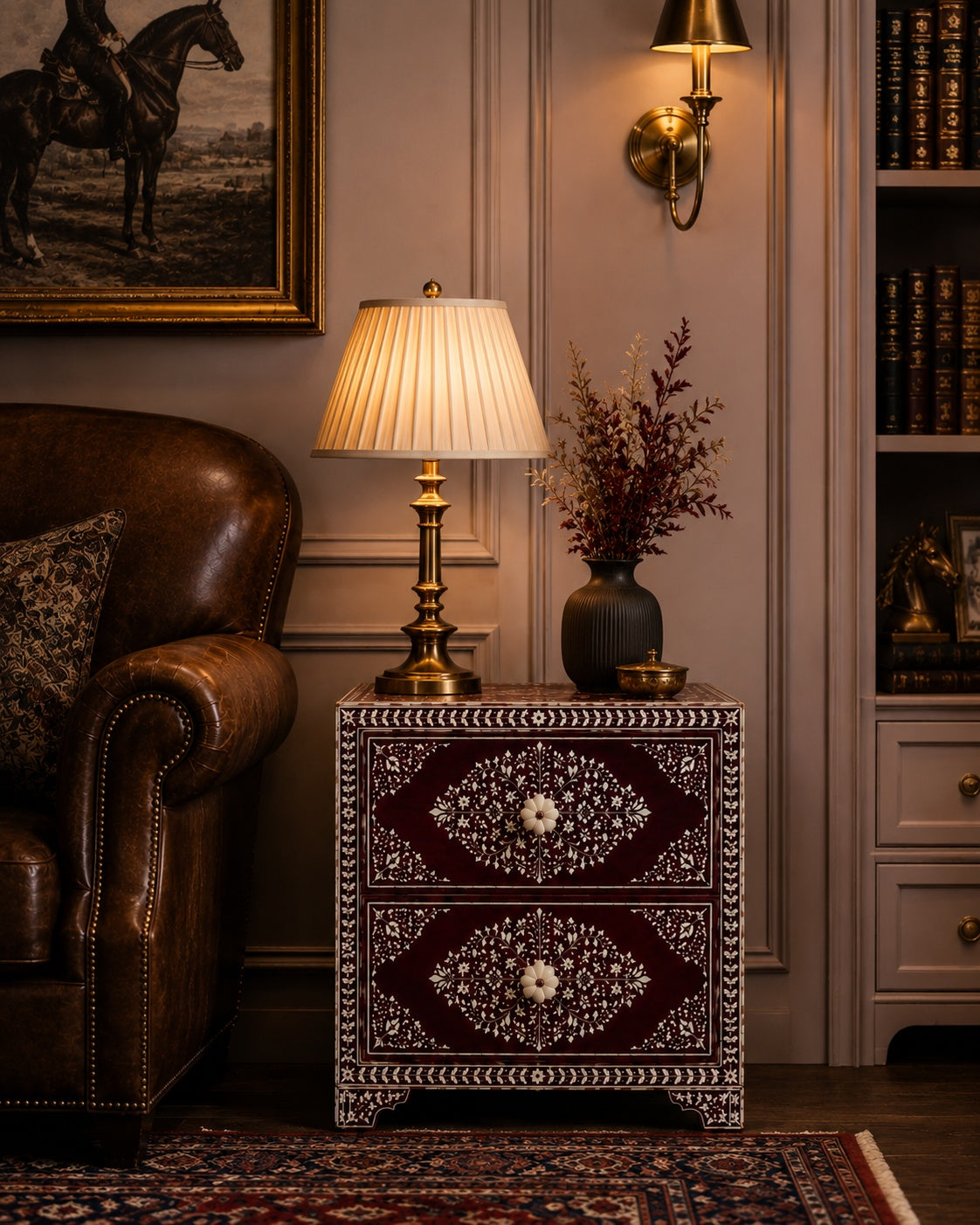 Burgundy Bone Inlay Nightstand | Floral 2-Drawer Bedside Table