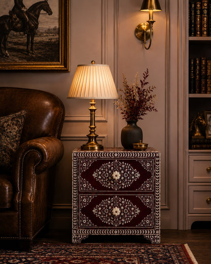 Burgundy Bone Inlay Nightstand | Floral 2-Drawer Bedside Table