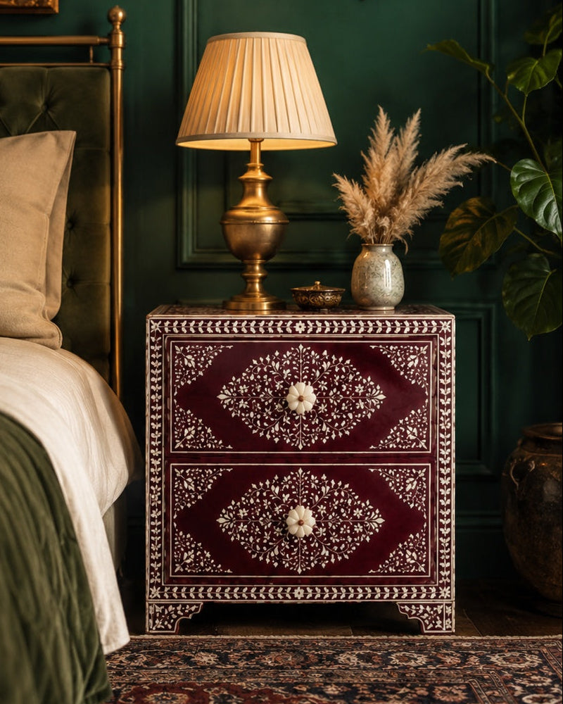 Burgundy Bone Inlay Nightstand | Floral 2-Drawer Bedside Table