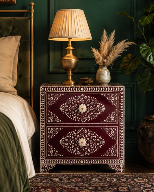 Burgundy Bone Inlay Nightstand | Floral 2-Drawer Bedside Table