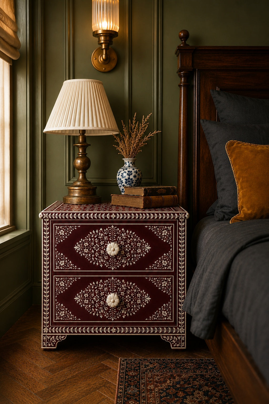 Burgundy Bone Inlay Nightstand | Floral 2-Drawer Bedside Table
