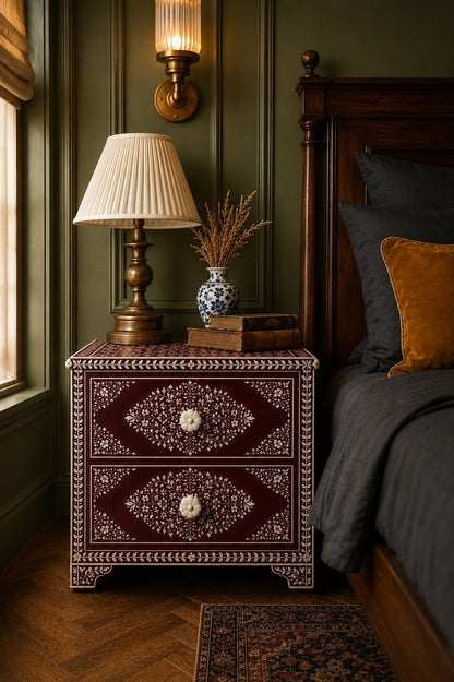 Burgundy Bone Inlay Nightstand | Floral 2-Drawer Bedside Table