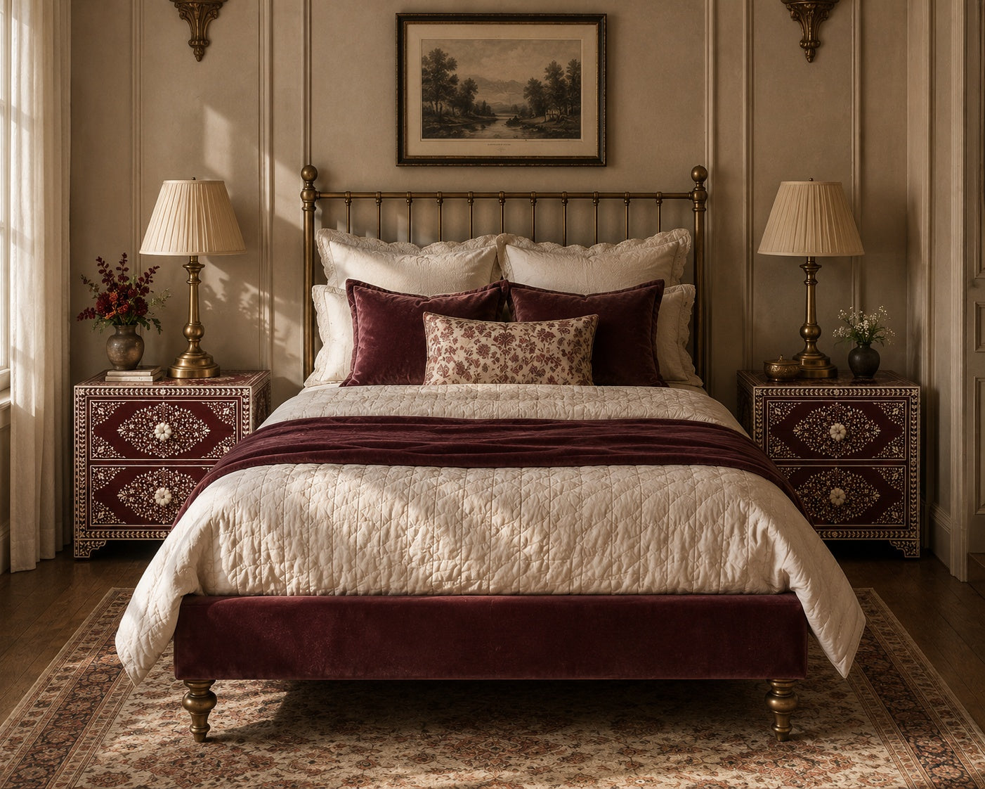 Burgundy Bone Inlay Nightstand | Floral 2-Drawer Bedside Table