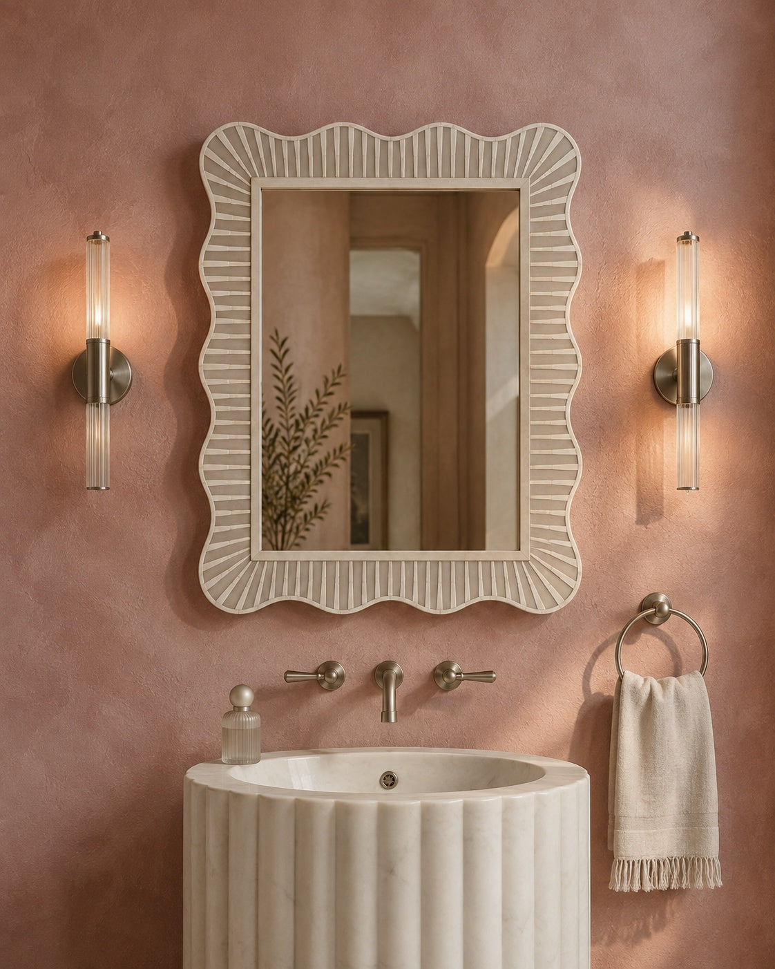 Scalloped Bone Inlay Wall Mirror | Natural White Fluted Frame
