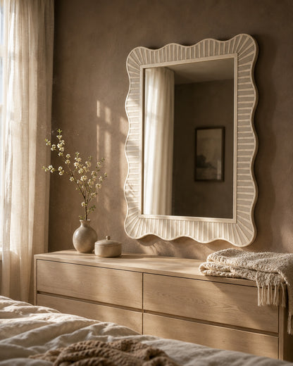 Scalloped Bone Inlay Wall Mirror | Natural White Fluted Frame