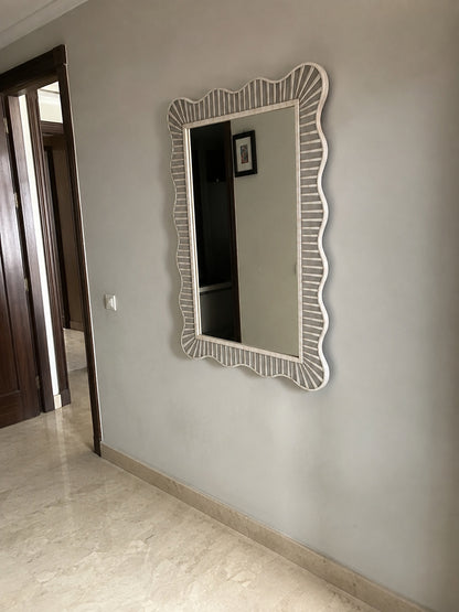Scalloped Bone Inlay Wall Mirror | Natural White Fluted Frame