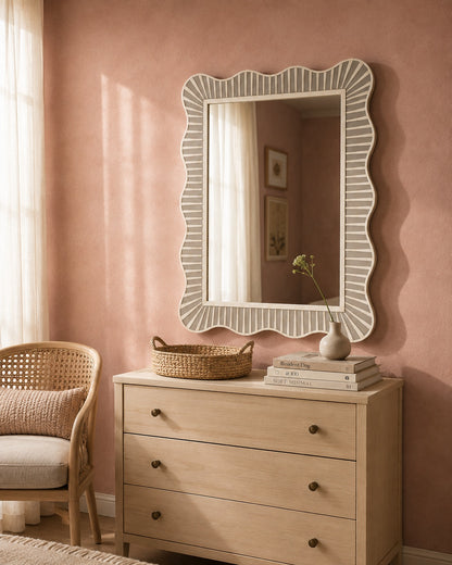 Scalloped Bone Inlay Wall Mirror | Natural White Fluted Frame