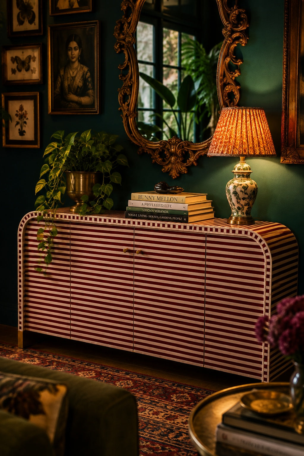 Bone Inlay Sideboard | Striped Arch Credenza with Brass Feet