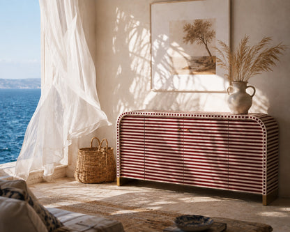 Bone Inlay Sideboard | Striped Arch Credenza with Brass Feet