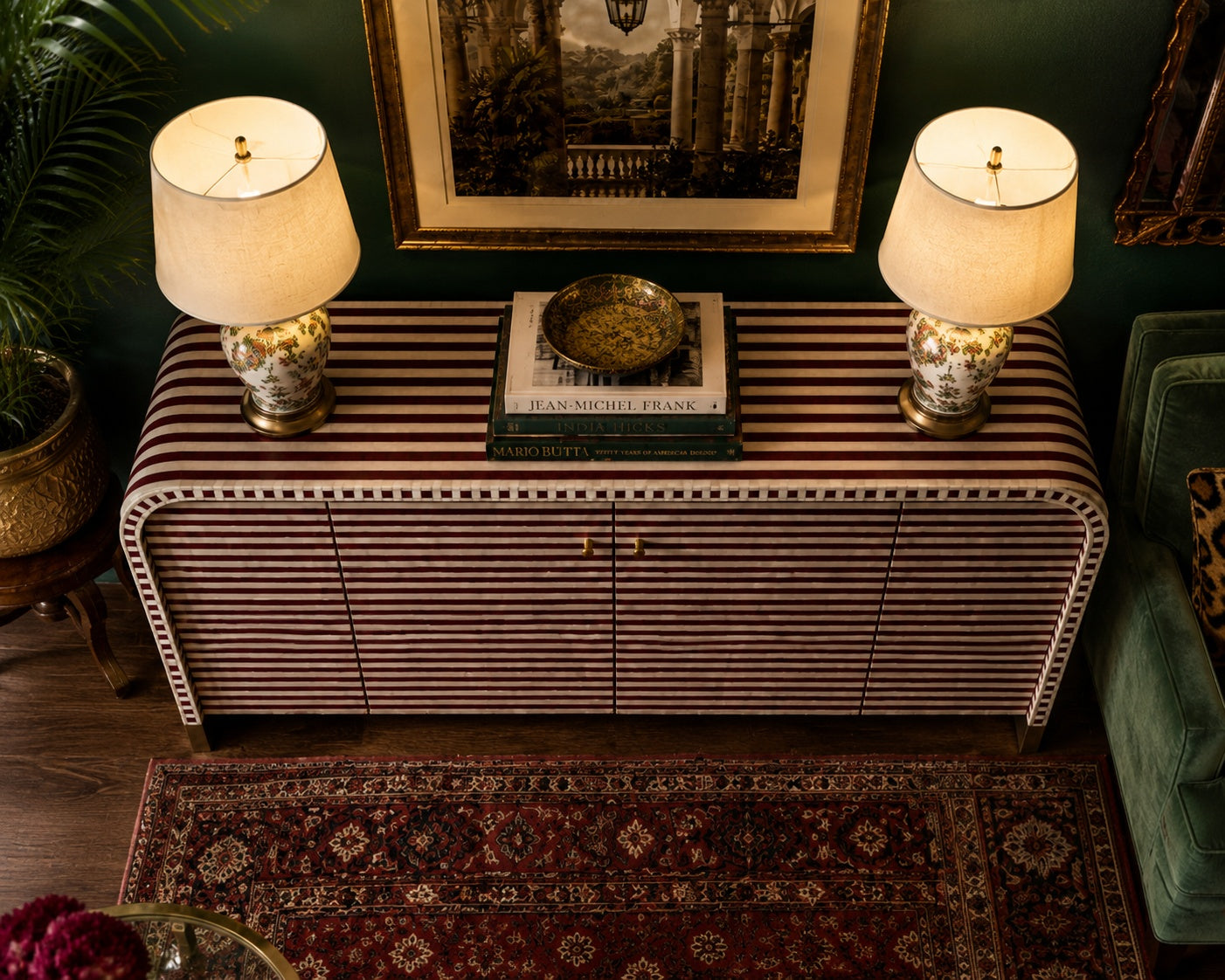 Bone Inlay Sideboard | Striped Arch Credenza with Brass Feet