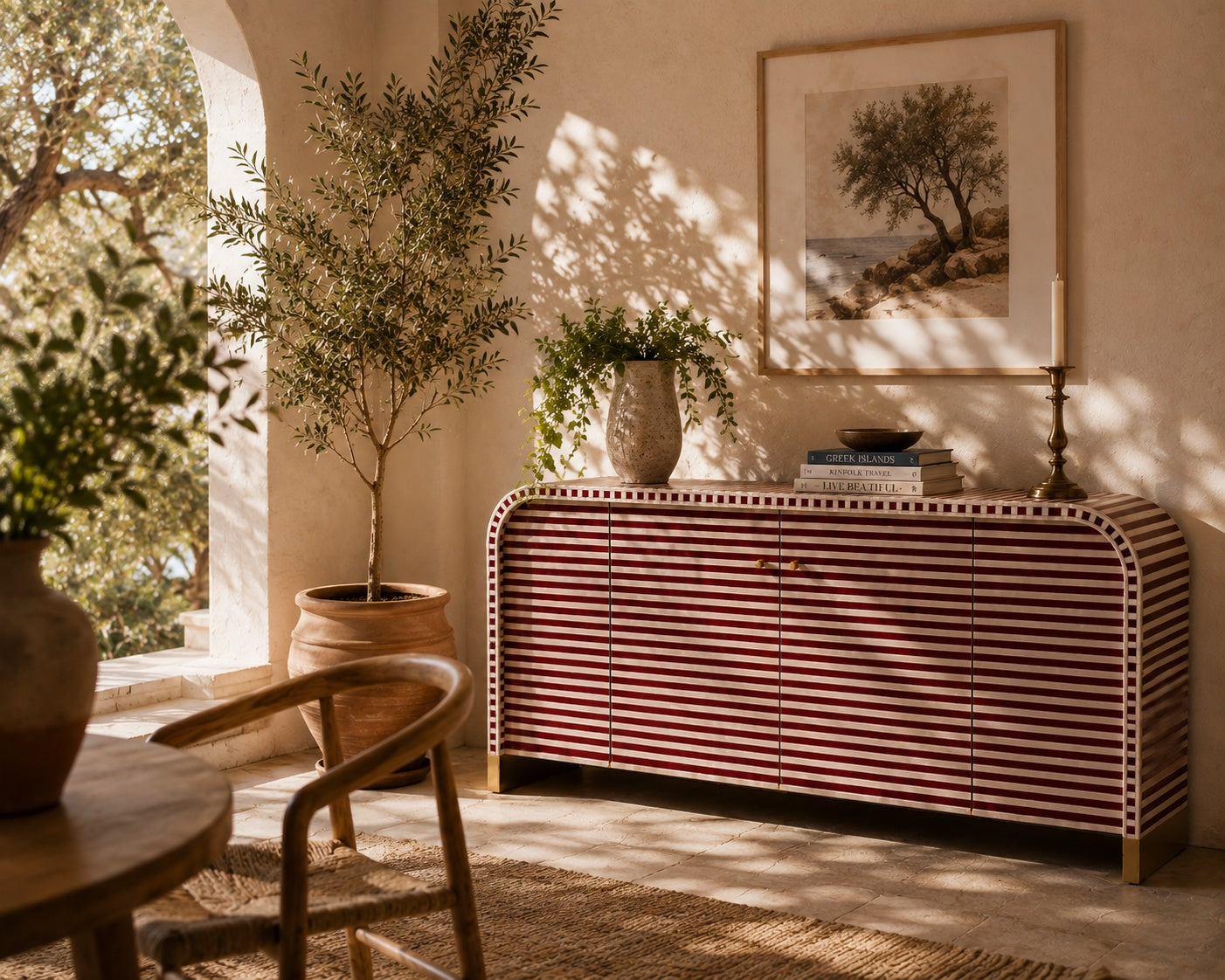 Bone Inlay Sideboard | Striped Arch Credenza with Brass Feet