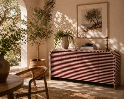 Bone Inlay Sideboard | Striped Arch Credenza with Brass Feet